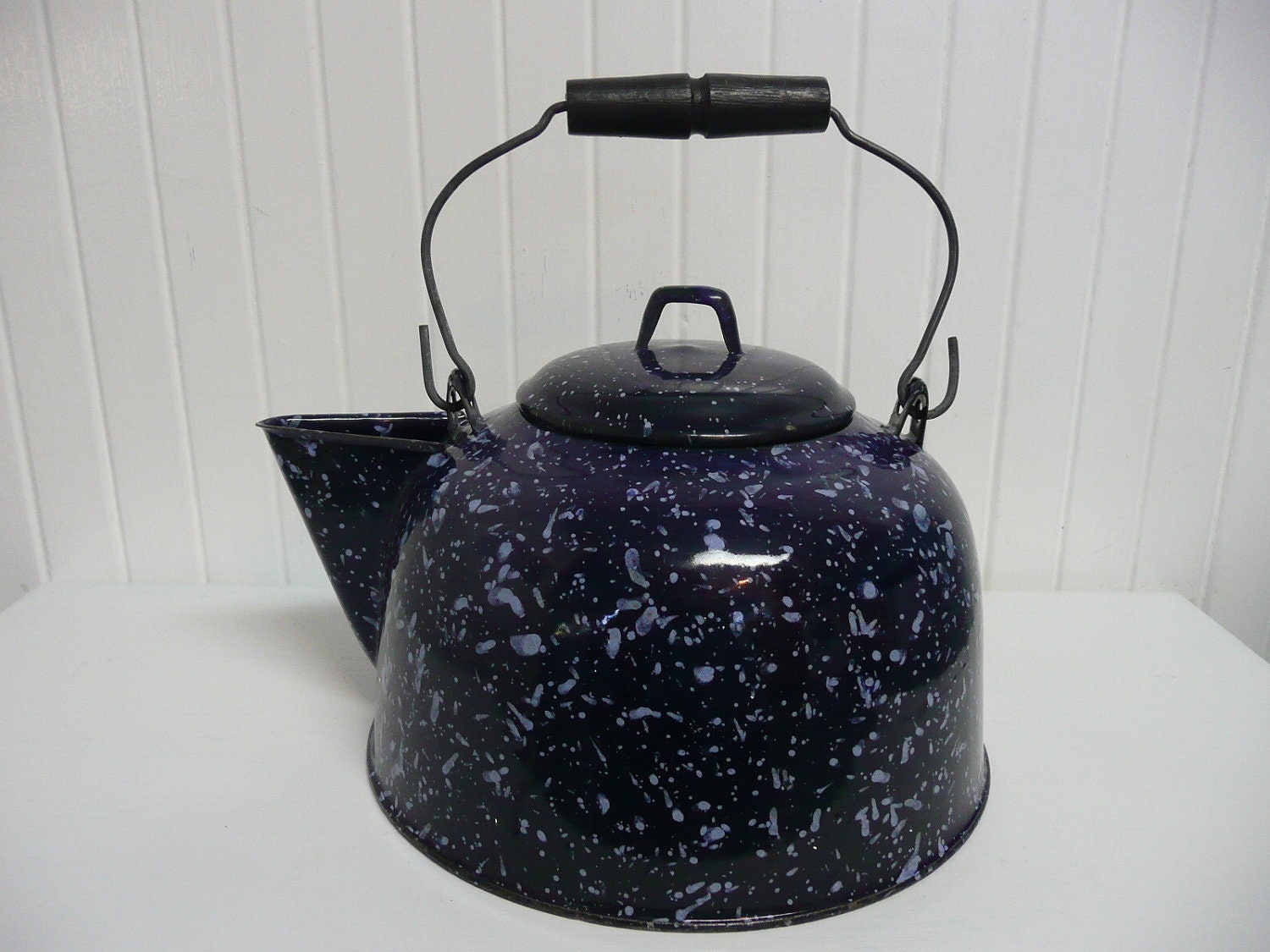 Vintage Blue Speckled Enamelware Spatterware Tea Pot Kettle