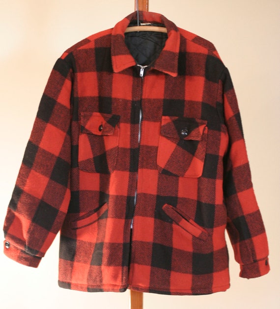 vintage buffalo plaid jacket red black wool by TomTomVintage