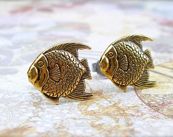 Something Fishy - antique gold post earrings