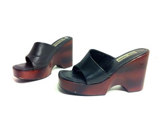 Leather Platform Clogs 7 - Wooden Wedge Chunky Mules 7 - 90s Platform Sandals 7
