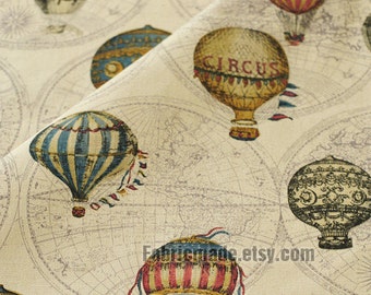 Map Of The World Cloth Vintage Style Japanese Cotton Linen Fabric Cloth - Vintage Fire Balloon Circus Balloon World Map on Beige Green Purple Brown Grey 1/2 yard