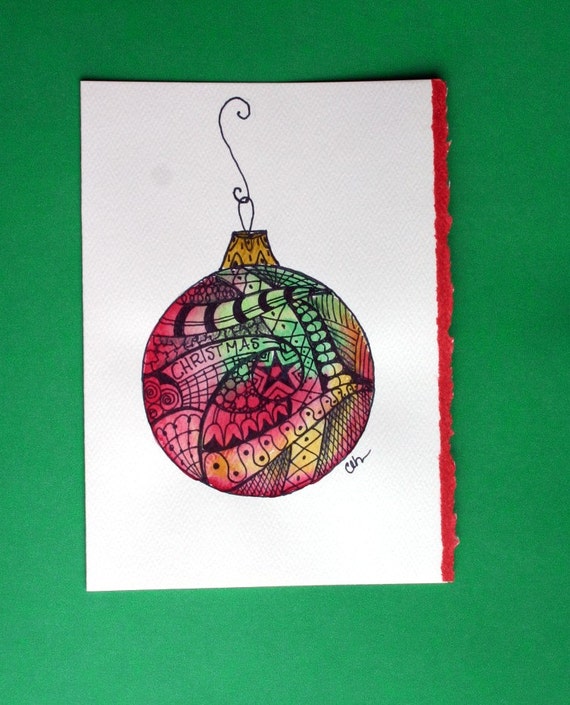 Zentangle artNo. 50 watercolor card Christmas Ornament