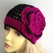 OOAK unique designer womens black and cerise pink beanie,cap,cloche crochet/knitted hat with large crochet flower applique