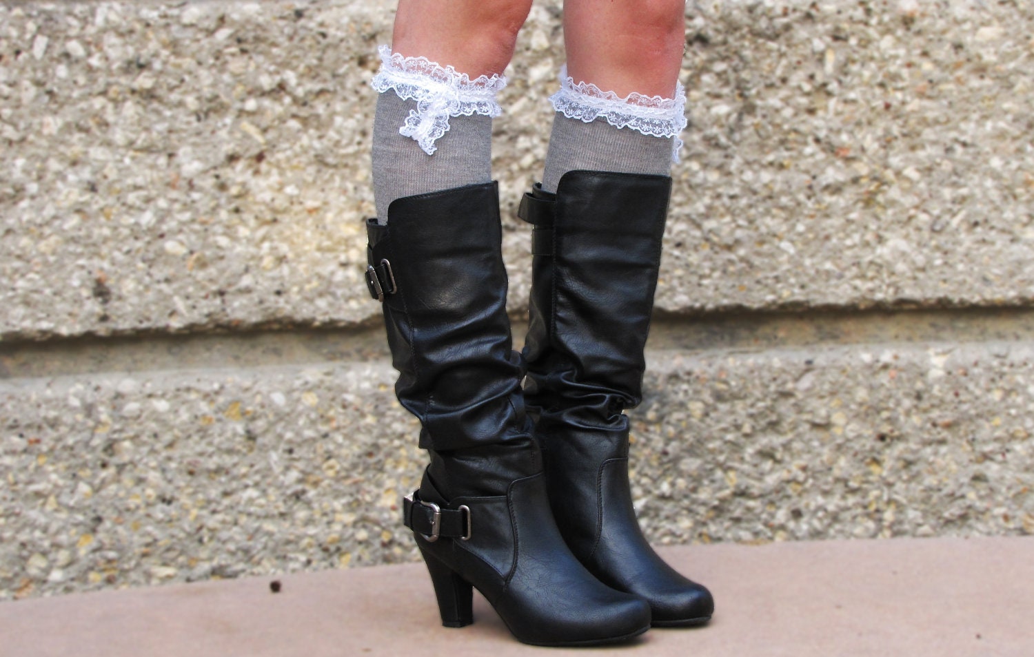 SALE Womenteen Lace Boot Socks With Ruffle Knee High