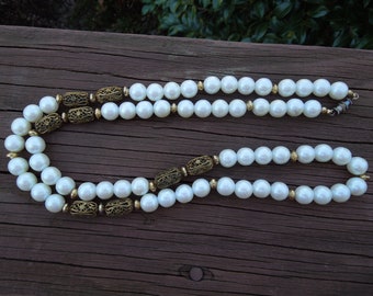 Vintage Pearl Necklace with Gold Toned Filigrees, Long Length, 30 Inches