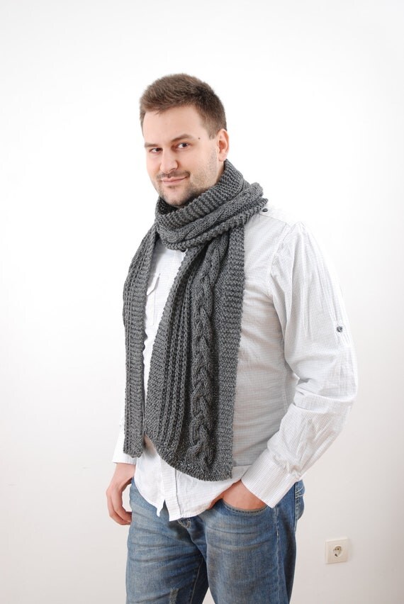 Grey Men Scarf. Hand Knit Extra Long Mens Scarf. Cable Knit