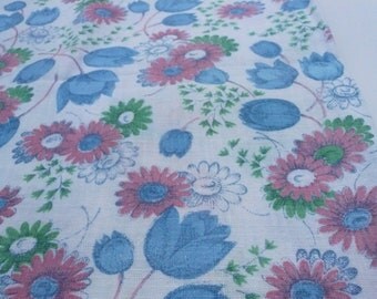 Vintage Feed Sack Remnant Pink and Blue Flower Print 18 by 21 Inches