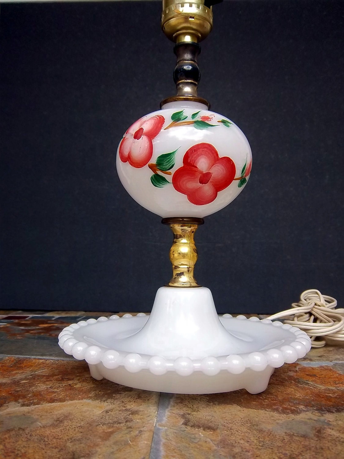 Hand Painted Milk Glass Lamp Vintage Cottage Chic Home Decor