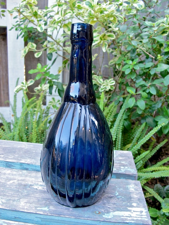 Vintage Blue Glass Bottle Jenny LInd Flask 1930s Cobalt Blue
