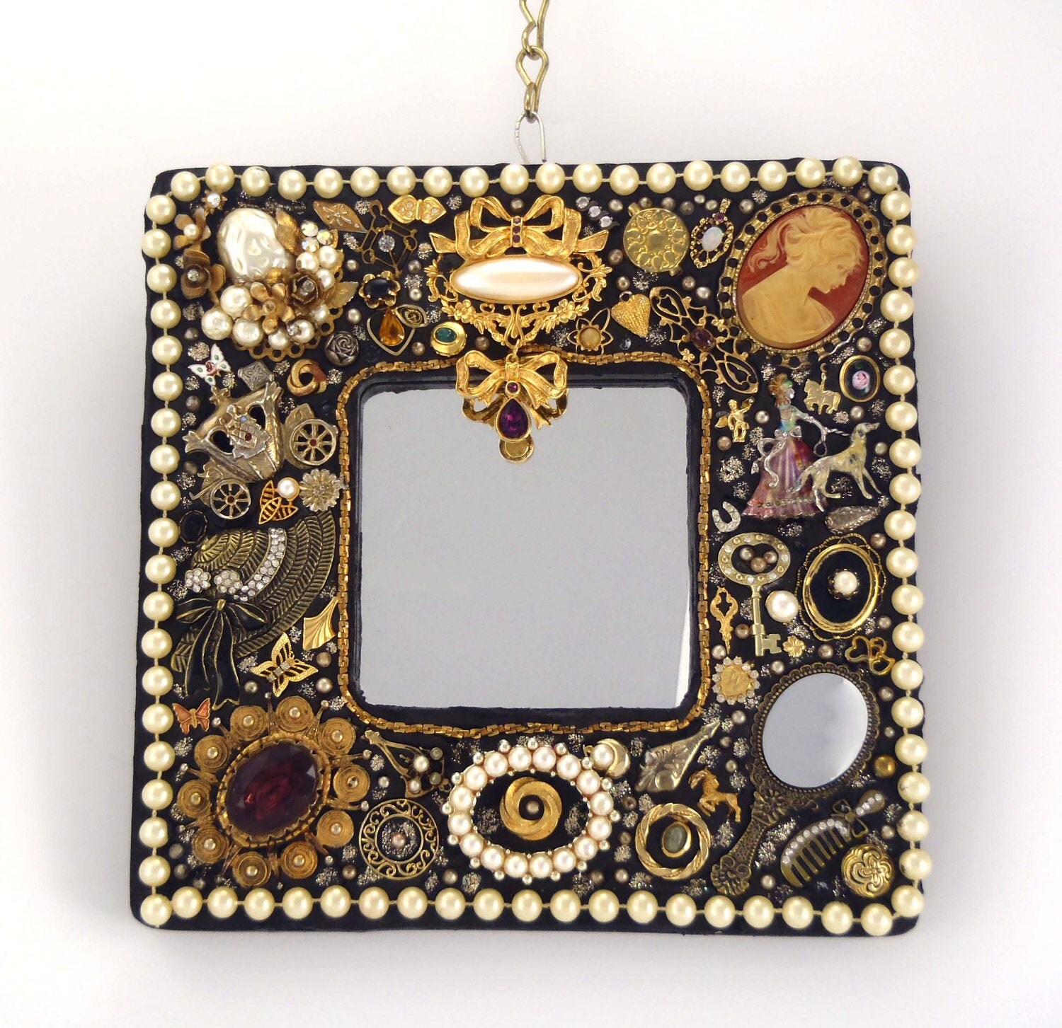 Victorian Jeweled Mosaic Mirror Black and Gold Handmade