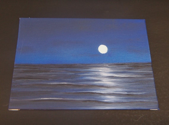 Original Seascape Moon Painting Full Moon Art Night Sky