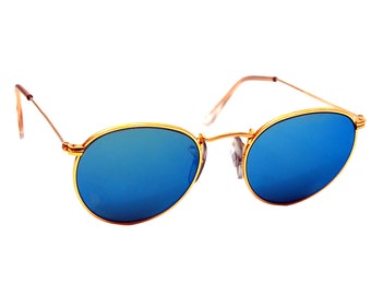 Vintage Ray Ban Bausch and Lomb Blue Mirror Gold Round Sunglasses