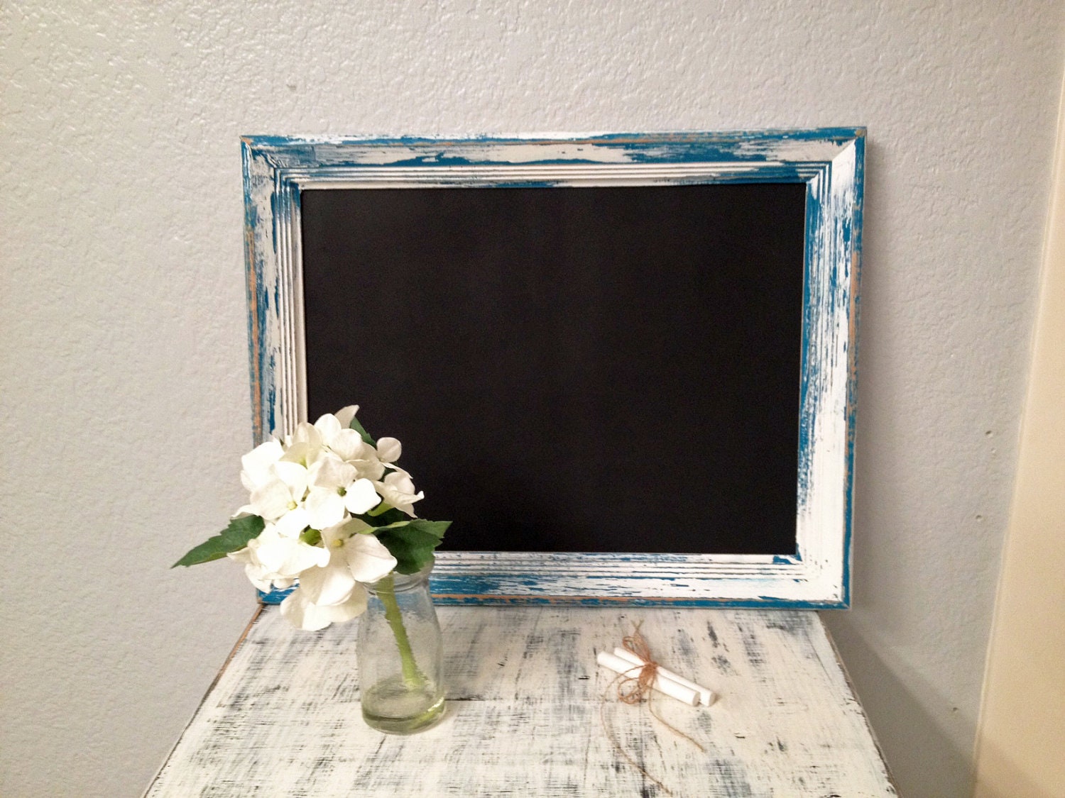 Decorative chalkboard with distressed handpainted turquoise