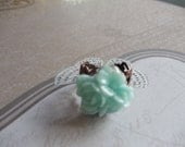 Aqua three flower cabochon ring, acrylic auqua floral cabochon is set on adjustable filigree bronze ring