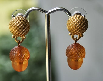 1980s Leslie Block Acorn Dangle Earrings Light Amber New Old Stock Vintage Any Occasion