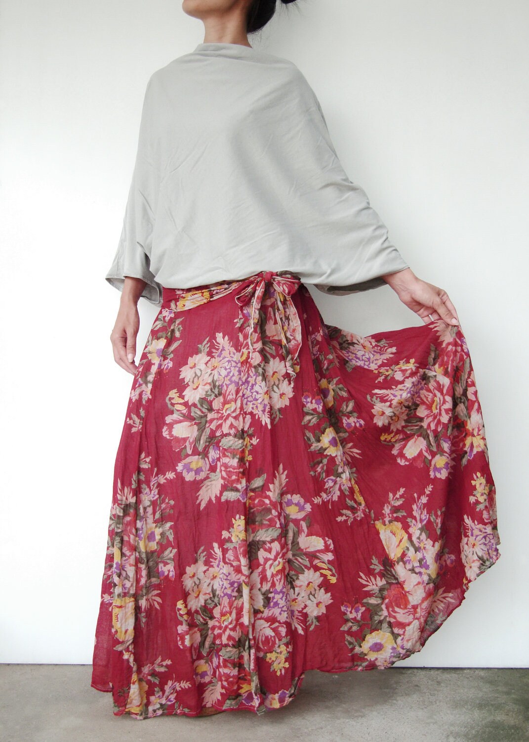 NO.65 Berry Red Cotton Floral Printed Skirt-Dress 2