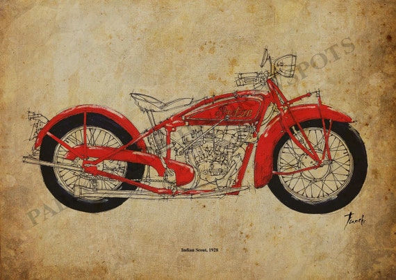 Art Print, INDIAN SCOUT 1928,Original Handmade Drawing Print ,11.5x16 in, vintage motorcycle, Christmas Gift