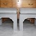 Pair upholstered mid century style Moroccan , chinoiserie benches stools ottoman grey wool fabric reproduction