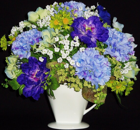 Silk Flower Arrangement Blue Carnations White Vase