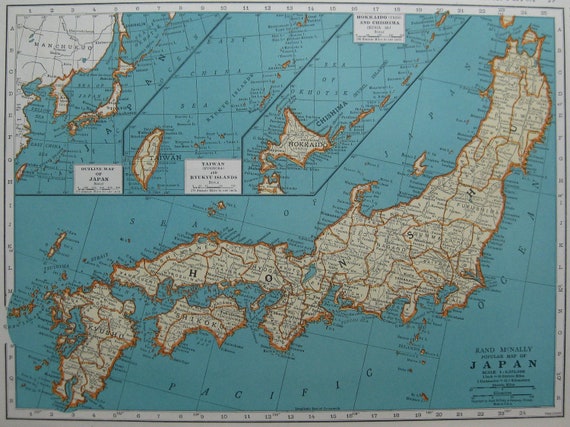 1936 Vintage Map of JAPAN Antique 1930s Map BEAUTIFUL Color