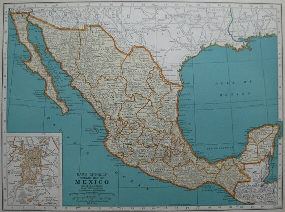 1936 Vintage Map of MEXICO Antique 1930s Map by plaindealing