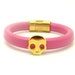 Gold Skull Bracelet - Pink Leather Cuff Bracelet w/ Magnetic Closure