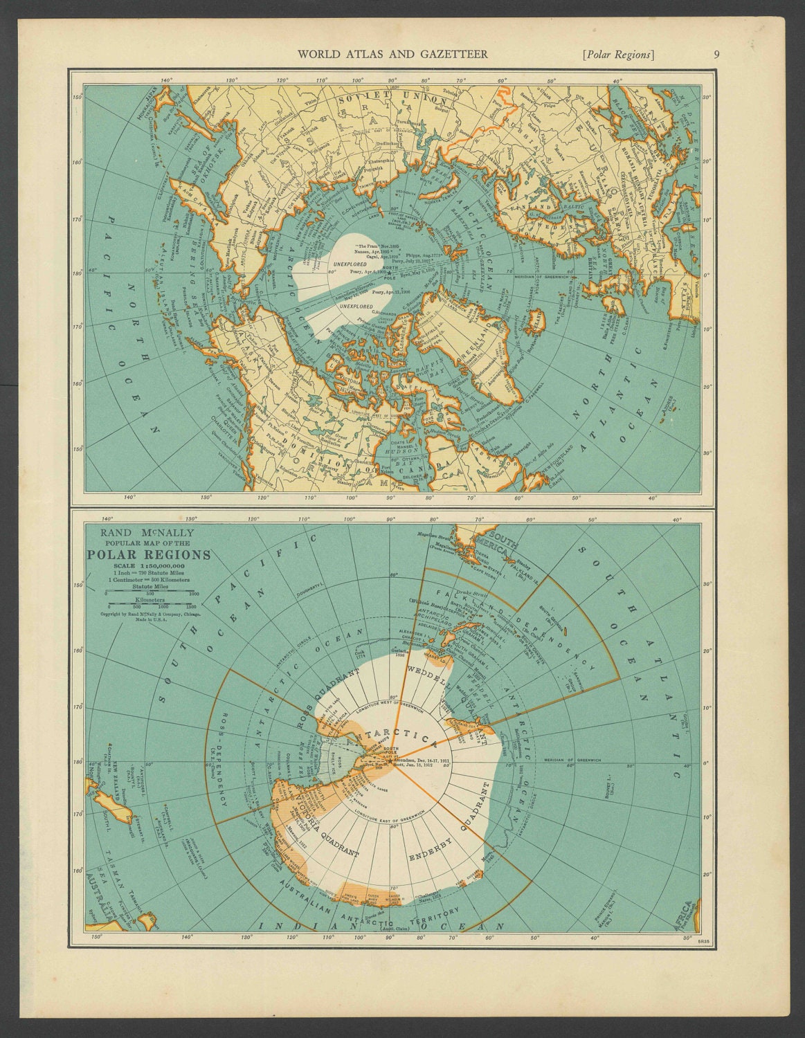 Vintage Map Antarctica North Pole South Pole From 1937