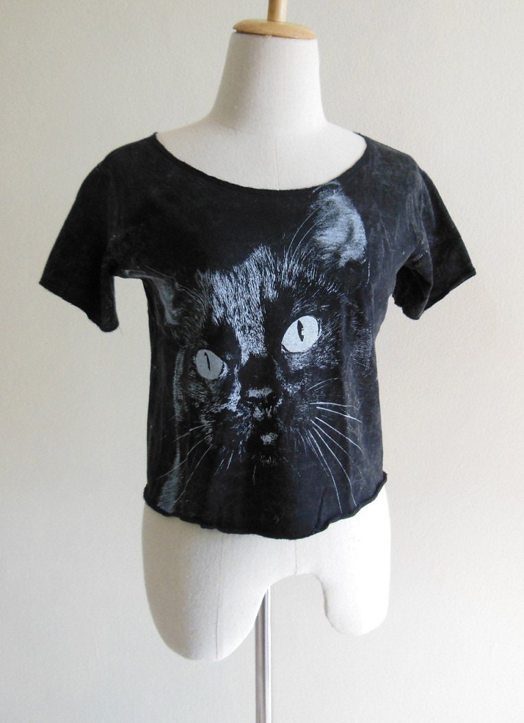Cat Animal Style Women Crop Top Tee Shirt Bleached Shirt Black