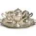 RESERVED Occupied Japan Miniature Metal Tea Set - Teapot, Creamer & Sugar Bowl on Matching Tray, Gorgeous Patina - Antique Home Decor