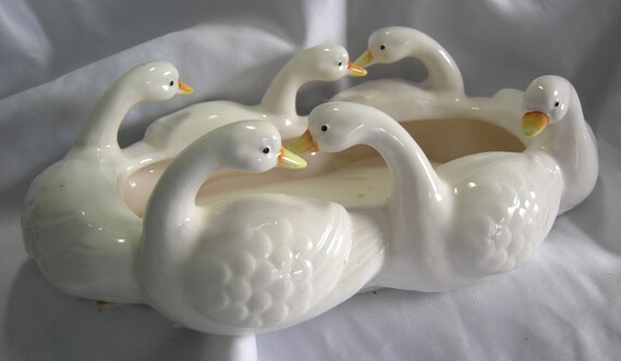 White Ceramic Oblong Bulb Planter, Compote, Bowl  Duck, Geese Bird 