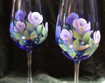 Hand Painted Wine Glasses (Set of 2) - Lavender and White Roses on Cobalt Blue Glass