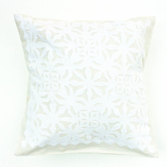 Organic Beautiful Handmade Applique White Pillow or by gypsya