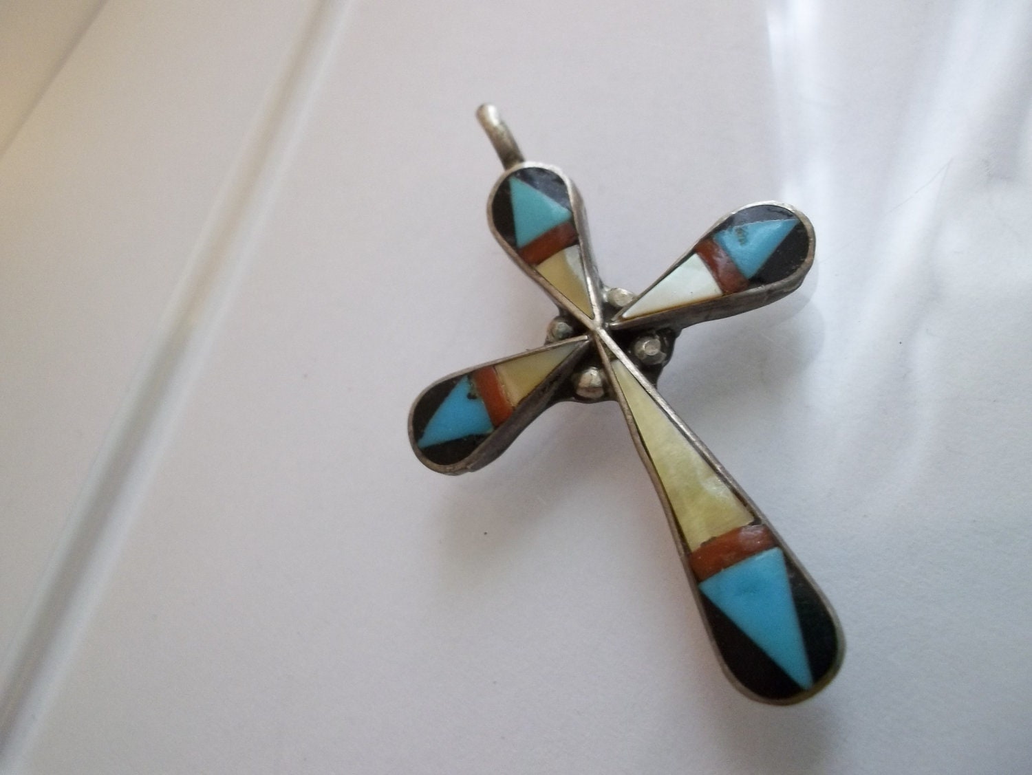 Vintage ZUNI Inlaid Stone Cross Pendant/ Signed Zuni Native
