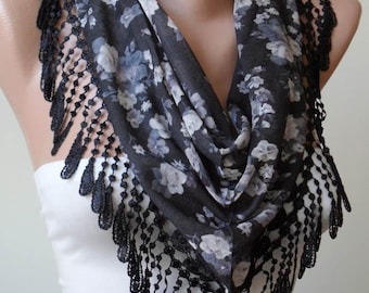 Triangular Scarf - Mother's Day Gift - Black and Grey Flowered Scarf with Black Trim Edge