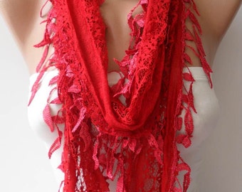 Red Lace Scarf with Trim Edge - Women Accessories- Trending Item - Gift Ideas - For Her- Women