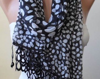 Mother's Day Gift - Black and White - Dalmatian - Silk - Chiffon Scarf with Black Trim Edge - Polka Dot