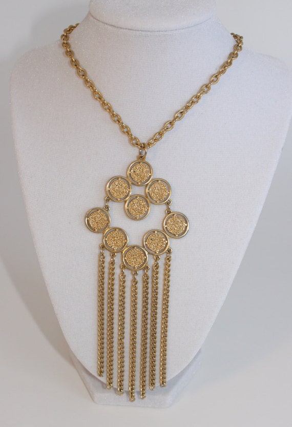 Items similar to Vintage Gold Tone Medallion & Waterfall Chain Necklace ...