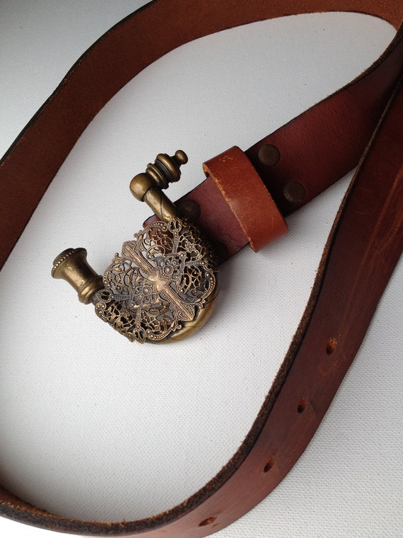 1970s Brass Pipe Belt with Leather Strap