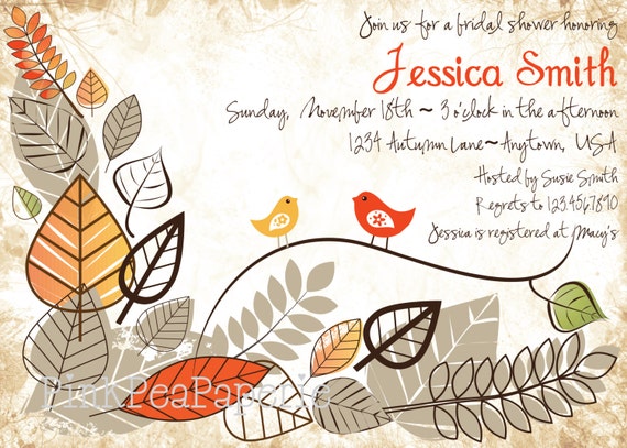 Custom Printable Vintage Birds Autumn Bridal Shower Invitation - Orange Brown and Green - Digital Printable Il_570xn