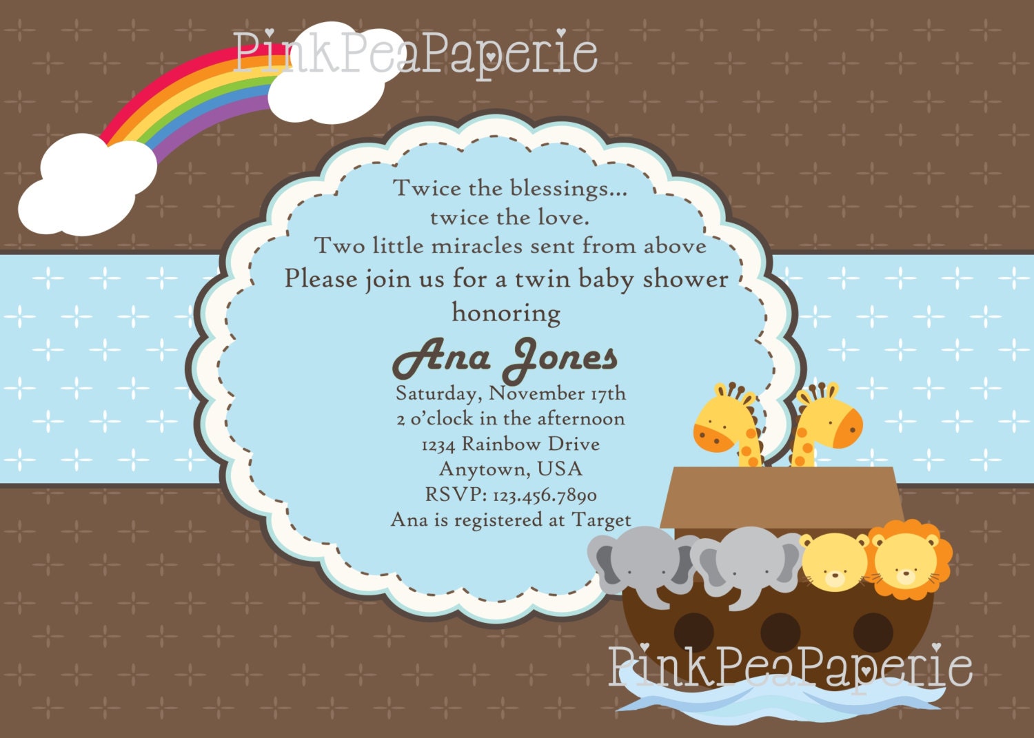 NOAH39;S ARK Baby Shower Invitation Blue or Pink by PinkPeaPaperie