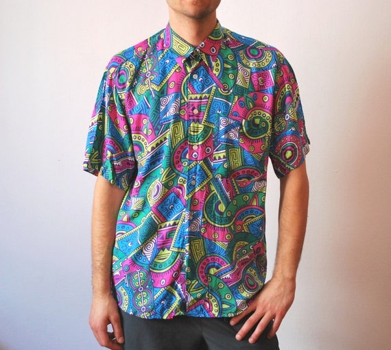 Vintage colorful neon shirt 90s men unisex size medium large