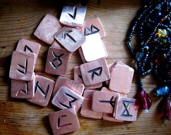 Rune Set. Metal runes. Solid copper runes with black symbols