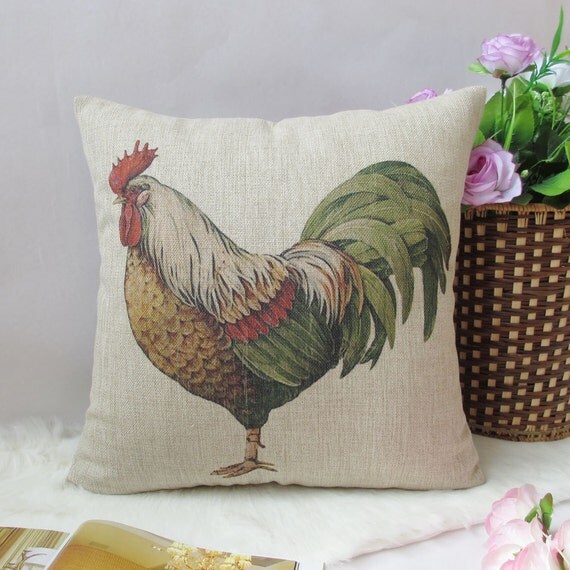 1 linen cock Chicken  throw pillow cover / decorative pillow case / cushion cover 18"