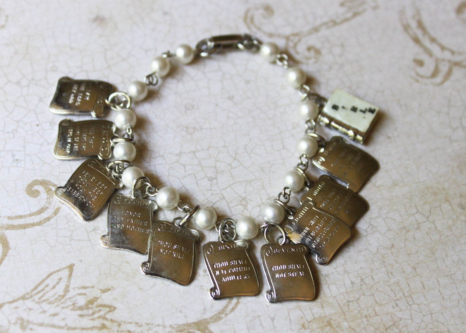 Vintage Ten Commandments Pearl Charm Bracelet w/ Mother of