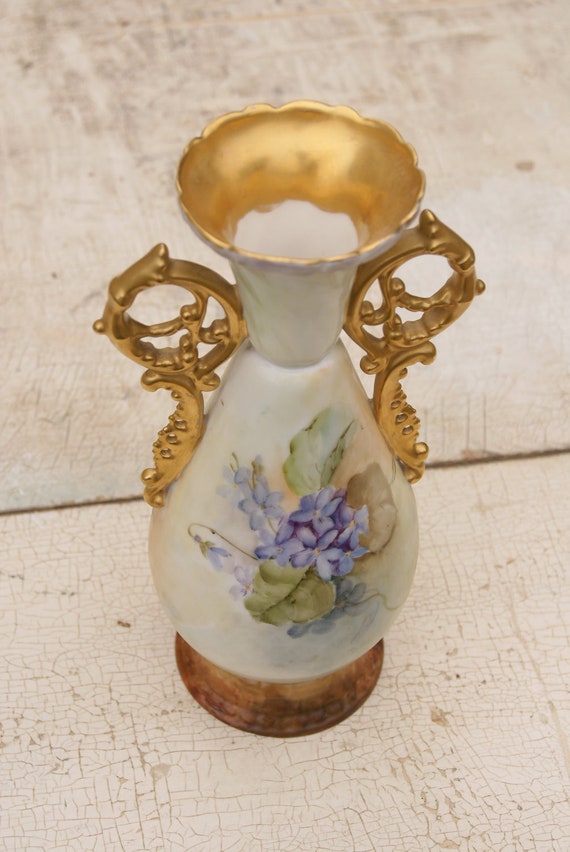 Limoges STYLE Hand Painted Vase With A Floral Motif And Gold