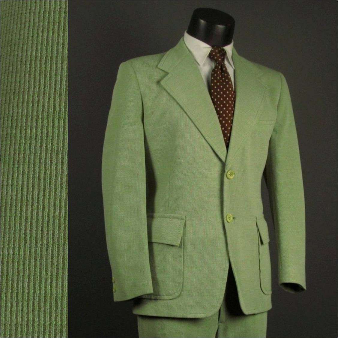 Vintage Mens Suit 1970s MINT GREEN Soft Ribbed Knit 2 Two Piece HIPSTER