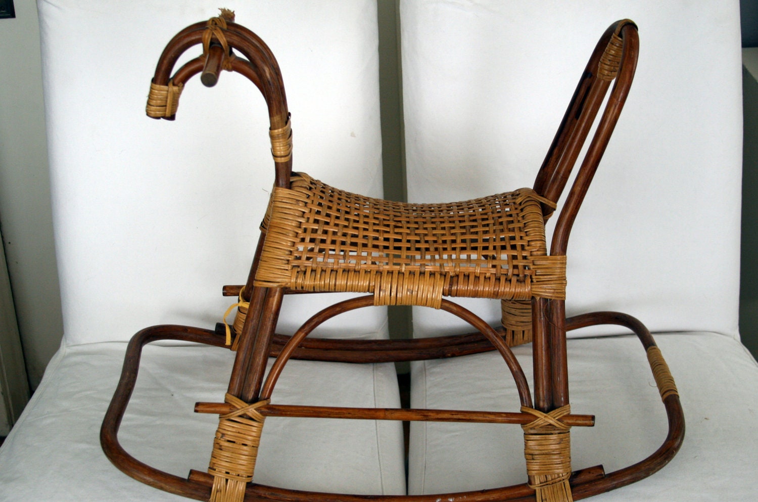 Vintage Woven Wicker Rattan Rocking Horse Brentwood 1950s