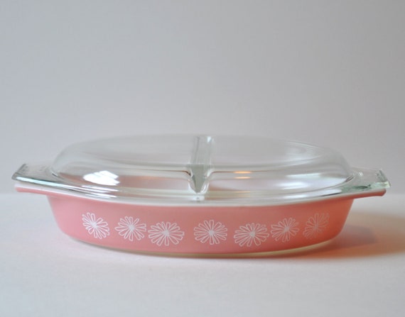 Vintage Pink Daisy Pyrex Divided Baking Dish with Lid