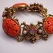 Vintage bookchain selro carved celluloid coral rhinestone bracelet