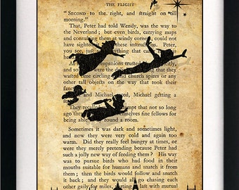 Peter Pan & Wendy Children Flying Art Book Print - A4 or A3 Large Vintage Page Effect Wall Quote.